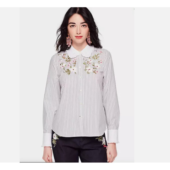 $168 Kate Spade Size S Embroidered Stripe Top Blouse Long Sleeve Shirt - Picture 1 of 6